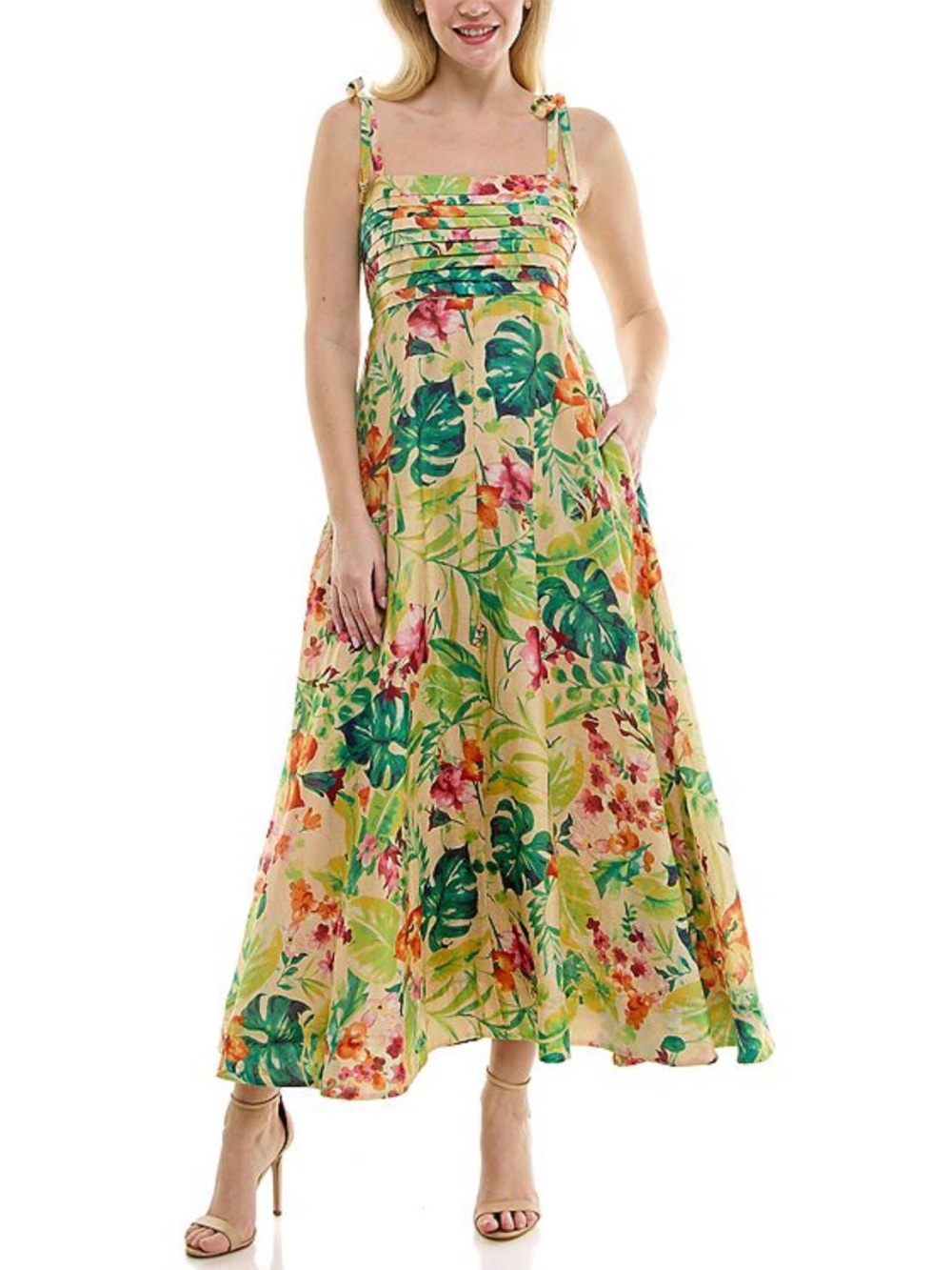 NWT - TAYLOR Tropical Pleated Square Neck A-Line Dress